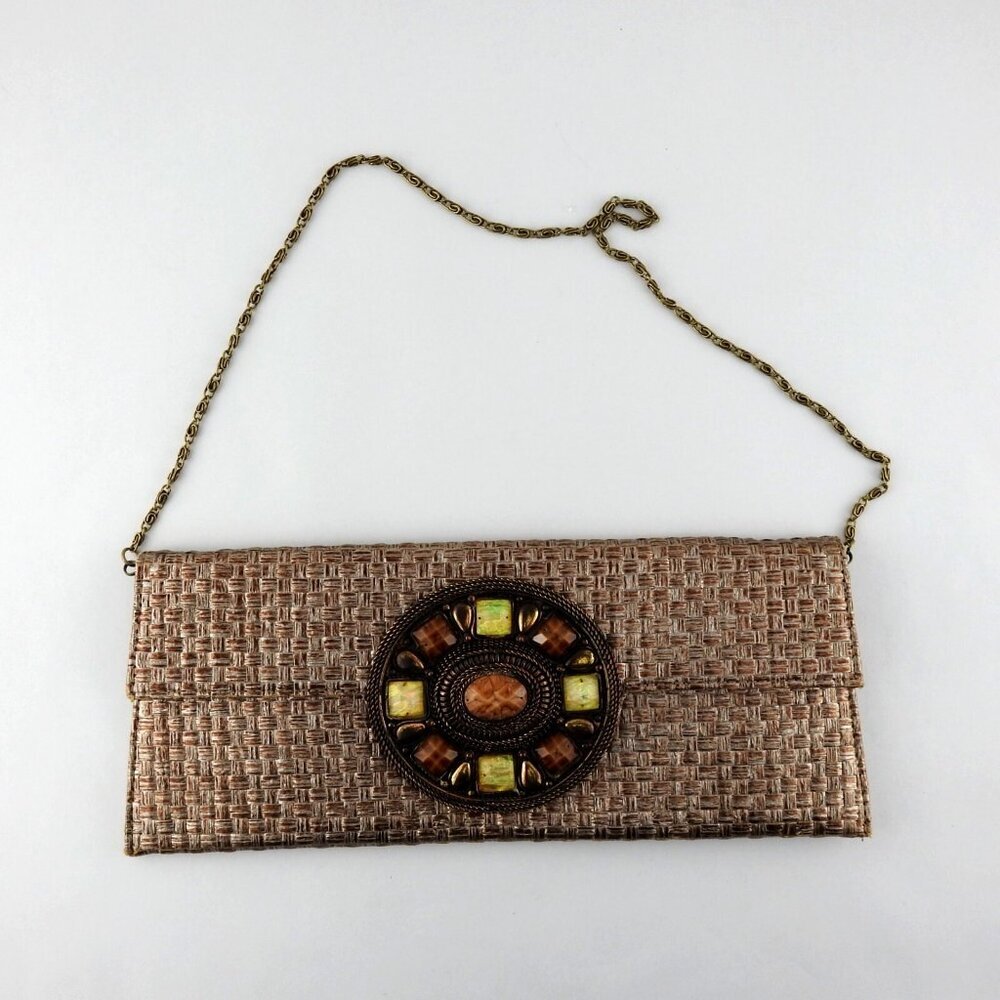 Vintage Mochi Bronze Wozen Embellished Straw Clutch Purse Bag Medallion Boho - Picture 1 of 10